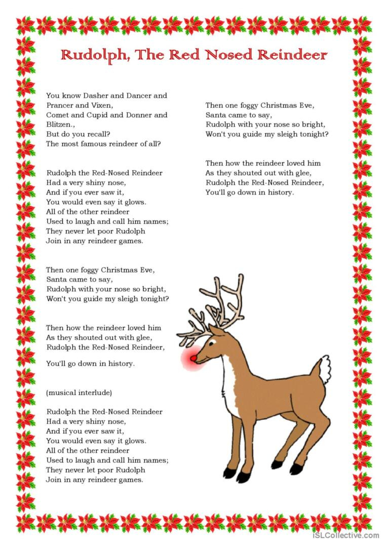 Rudolph, The Red Nosed Reindeer Song…: English Esl Worksheets Pdf in Rudolph the Red Nosed Reindeer Lyrics Printable