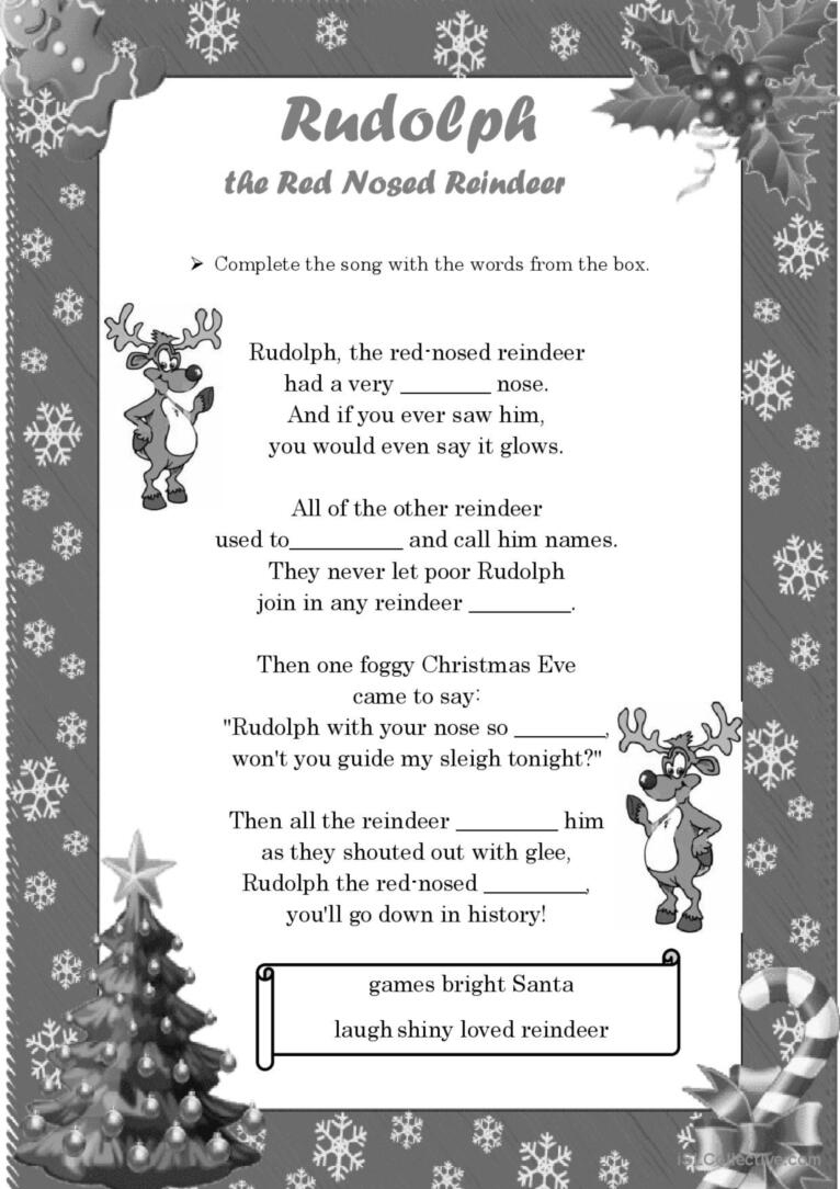 Rudolph The Red Nosed Reindeer- Song…: English Esl Worksheets Pdf intended for Rudolph The Red Nosed Reindeer Lyrics Printable