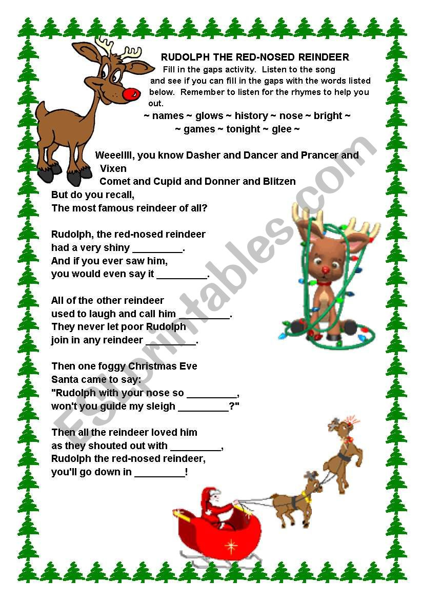 Rudolph The Red-Nosed Reindeer Song - Esl Worksheetvickiii for Rudolph the Red Nosed Reindeer Lyrics Printable