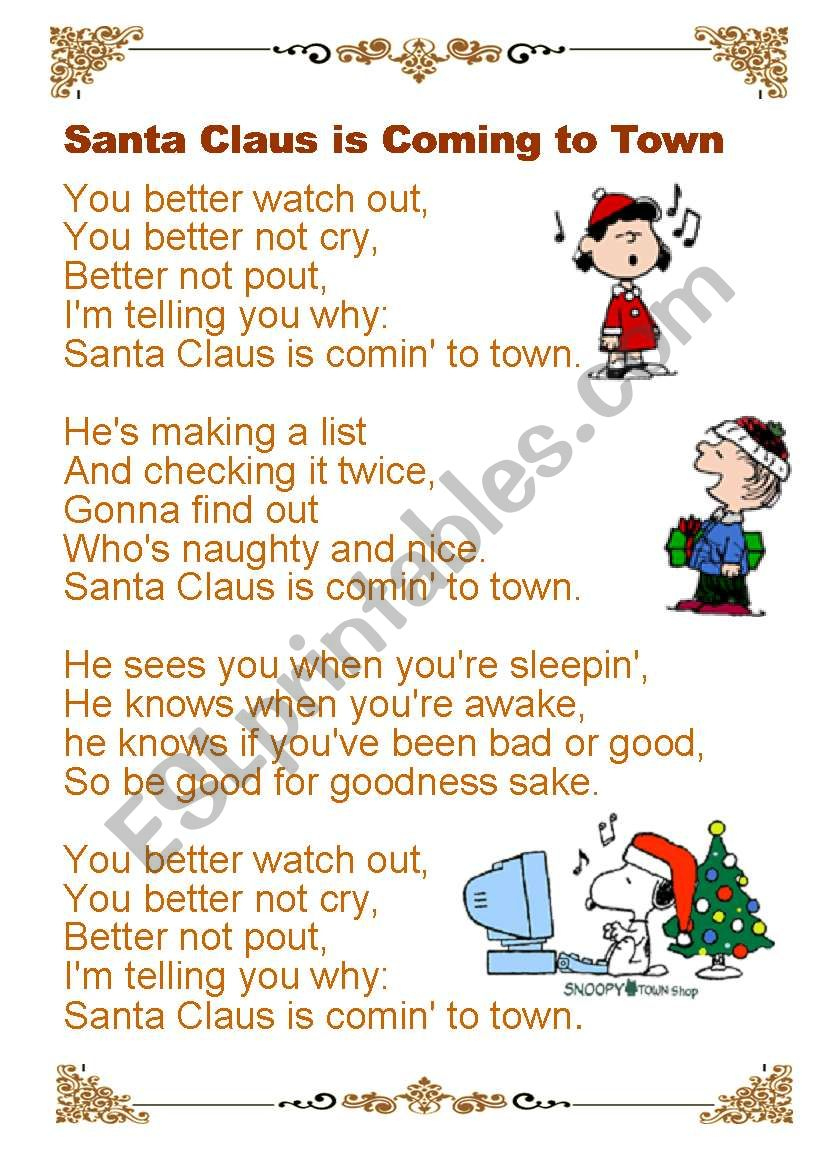 Santa Claus Is Coming To Town - Esl Worksheetfatfatrea with Santa Claus Is Comin to Town Lyrics Printable