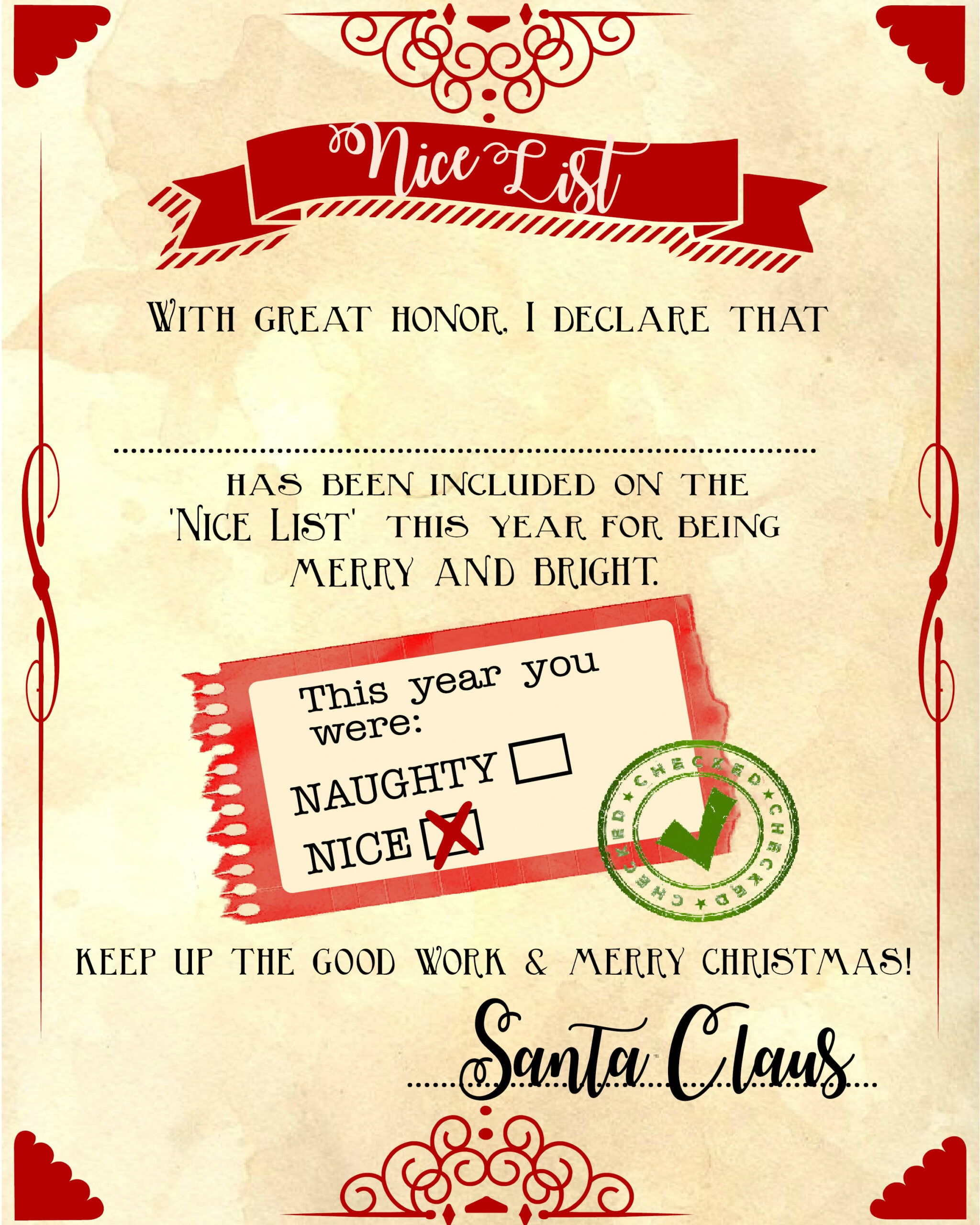 Santa &amp;quot;Nice List&amp;quot; Free Printable Certificate with regard to Printable Nice List Certificate Free