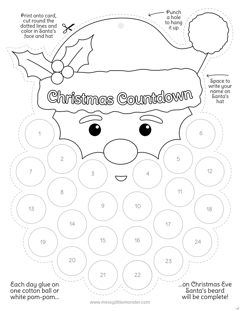 Santa&amp;#039;S Beard Christmas Countdown Printable - Messy Little Monster with Free Printable Santa Cotton Ball Beard
