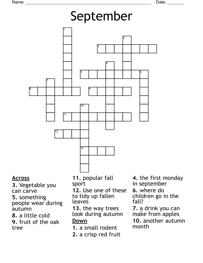 September Crossword - Wordmint with September Crossword Puzzle Printable