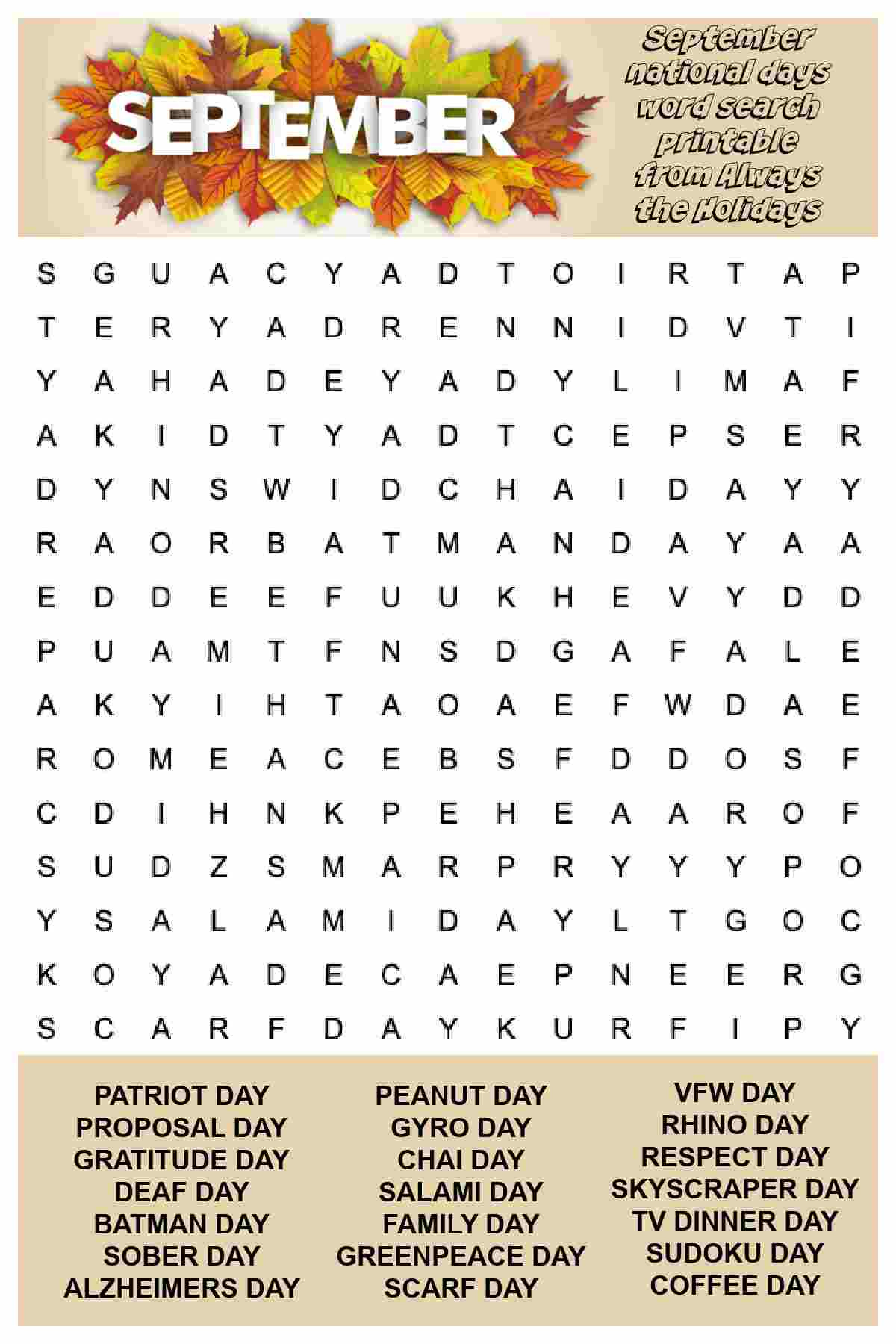 September Word Search Printable - Free National Days Word Find within September Crossword Puzzle Printable