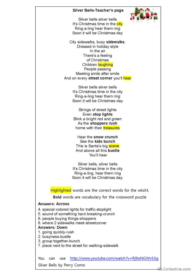 Silver Bells Song Worksheet Song And…: English Esl Worksheets Pdf throughout Lyrics To Silver Bells Printable