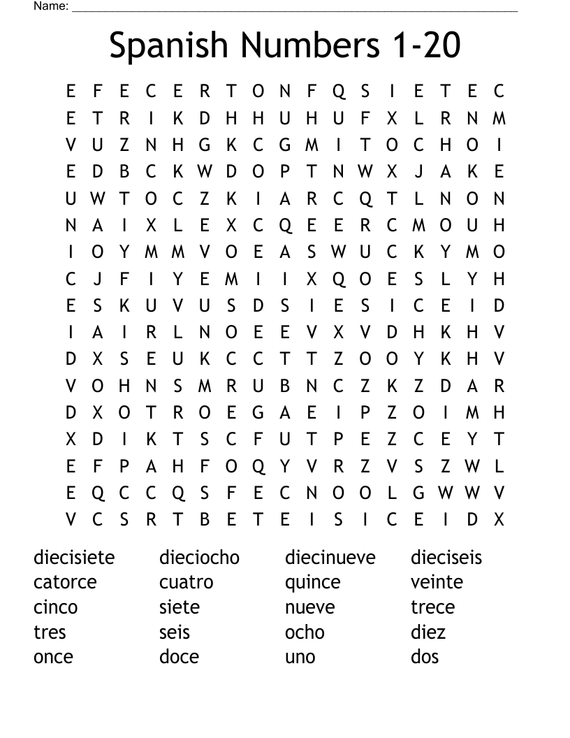 Spanish Numbers 1-20 Word Search - Wordmint within Printable Spanish Numbers 1 20 Worksheet
