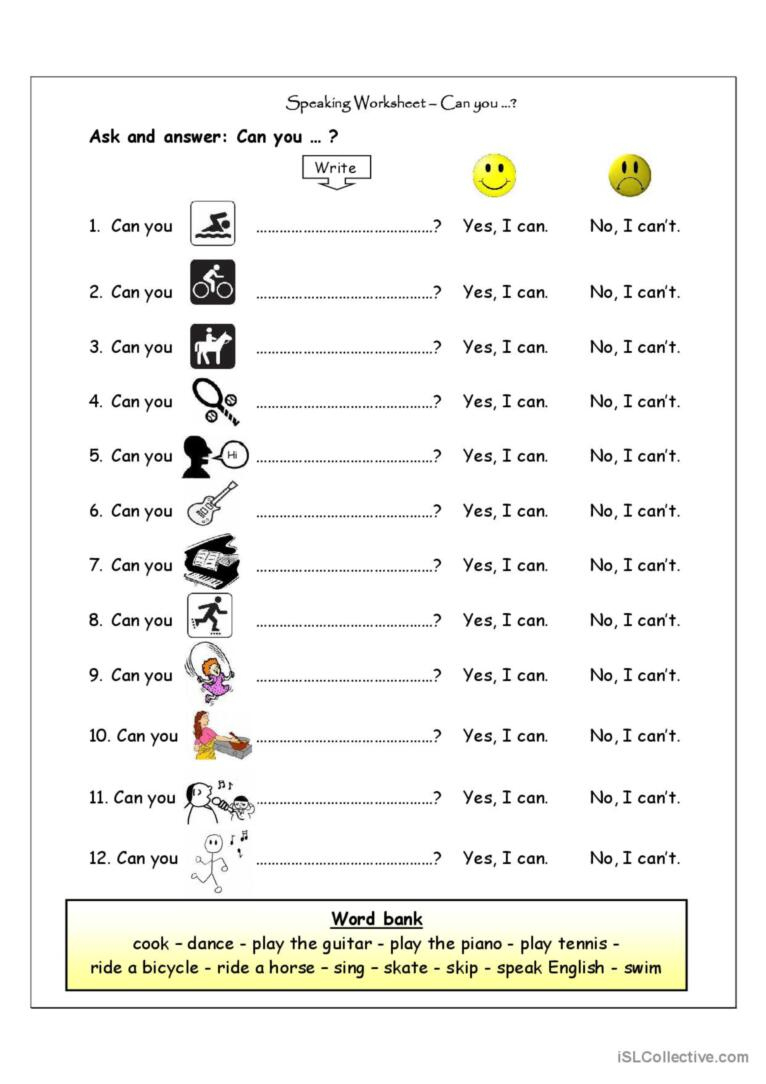 Speaking Worksheet - Can You?: English Esl Worksheets Pdf &amp;amp; Doc for English Speaking Worksheets With Answers