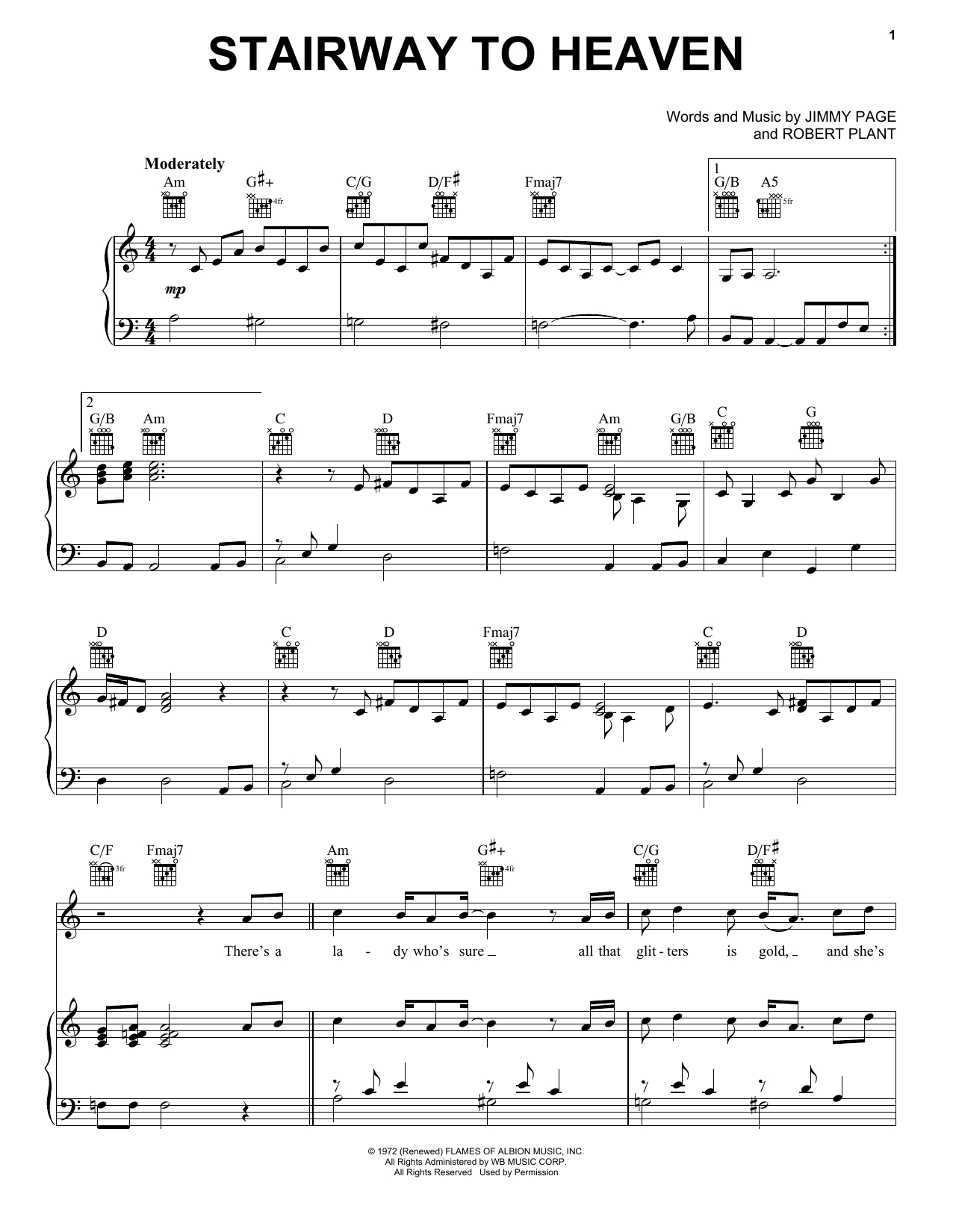 Stairway To Heavenled Zeppelin Sheet Music For Piano, Vocal intended for Stairway To Heaven Guitar Tab Printable Free