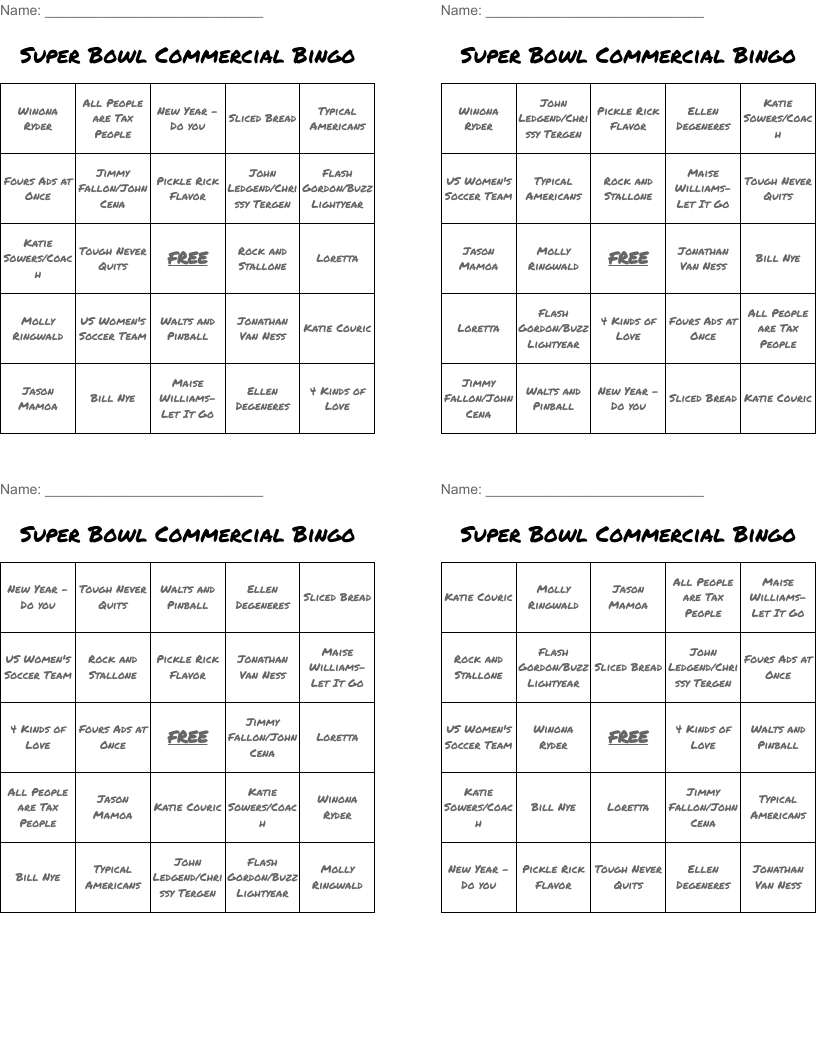 Super Bowl Commercial Bingo - Wordmint regarding Super Bowl Commercial Bingo Cards