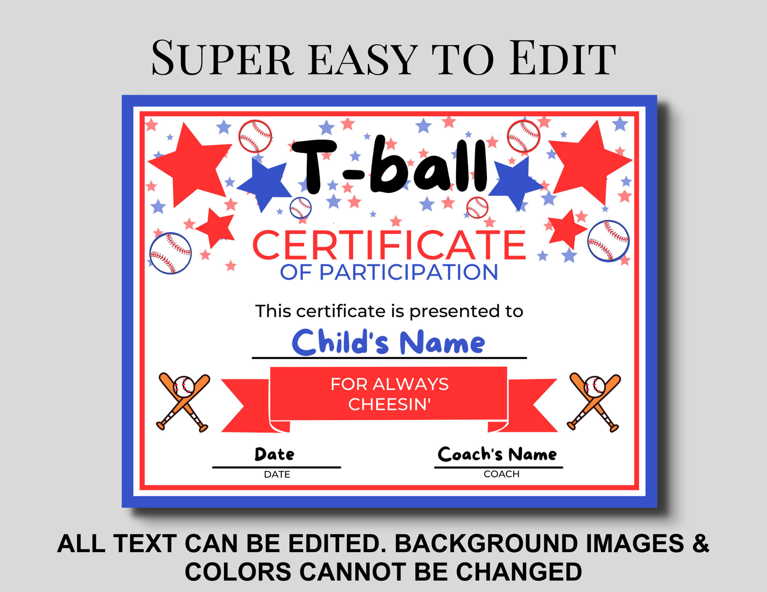 T-Ball Editable Award Certificates Cute Red &amp;amp; Blue | Personalize throughout Tball Certificates Free Printable