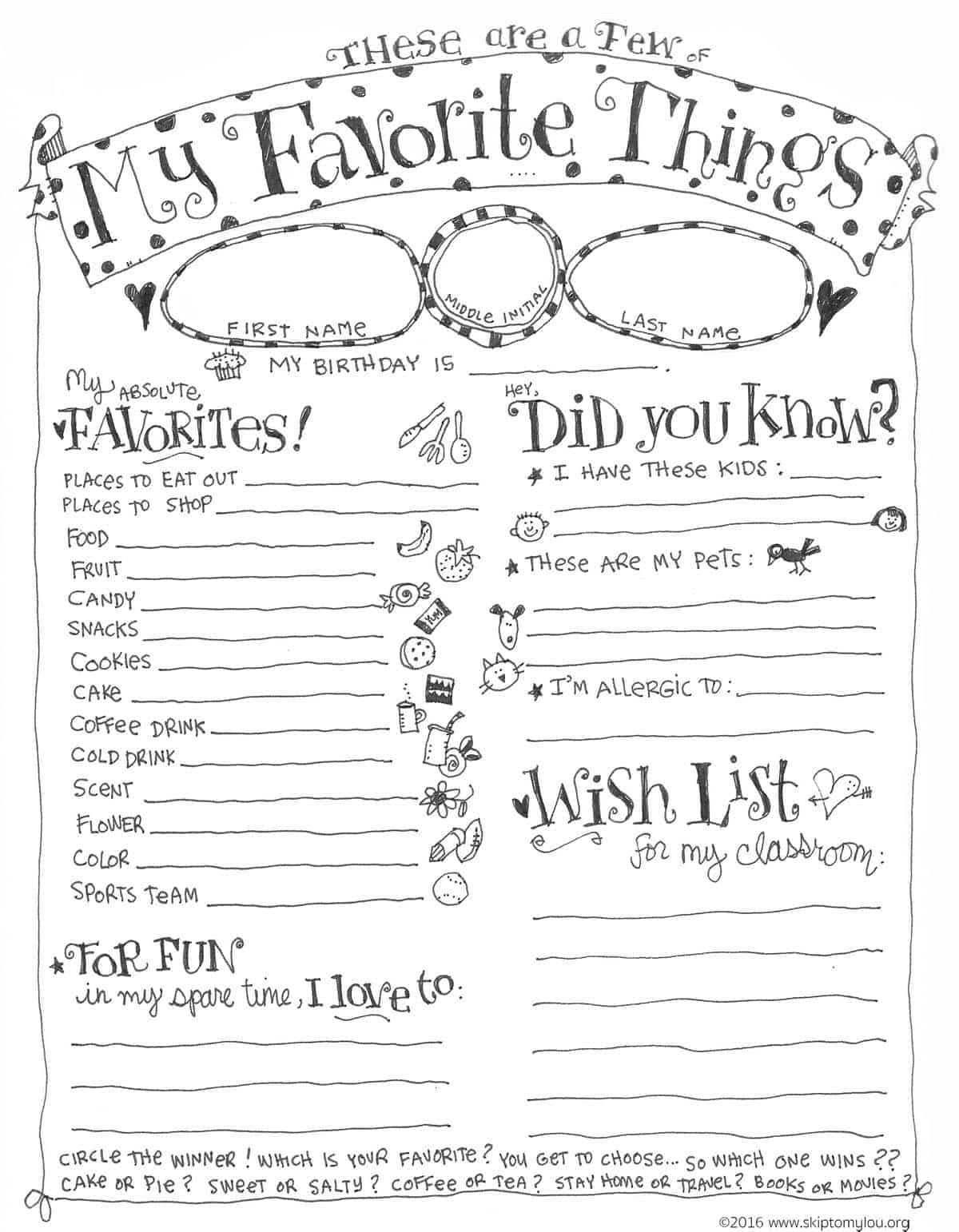 Teacher Favorite Things Questionnaire Printable | Skip To My Lou throughout Get to Know Your Teacher Questions Free Printable