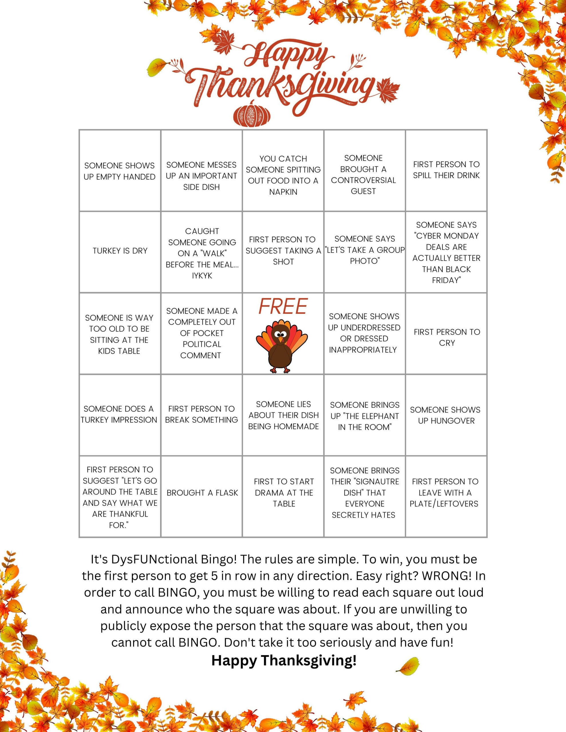 Thanksgiving Bingo (Dysfunctional Edition) - Etsy within Dysfunctional Family Bingo Card