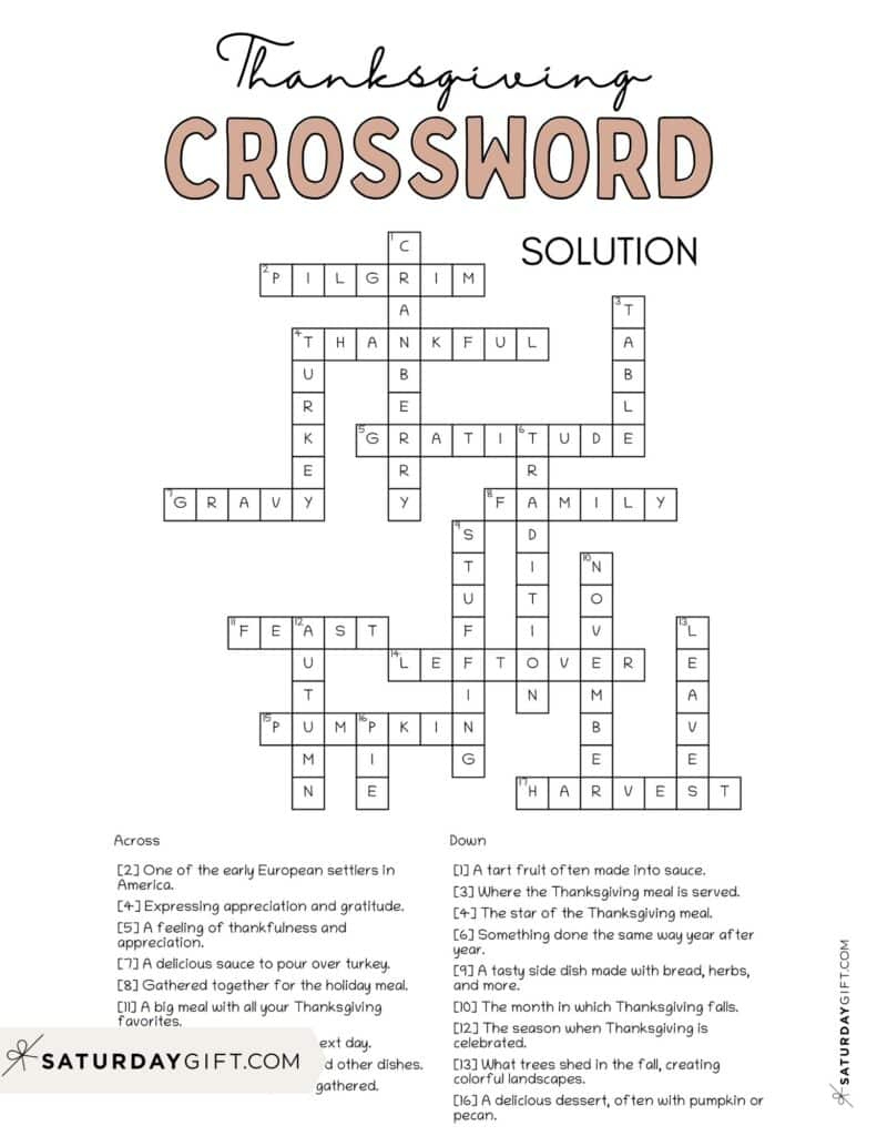 Thanksgiving Crossword Puzzle - Cute &amp;amp; Free Printable | Saturdaygift throughout Thanksgiving Crosswords Printable