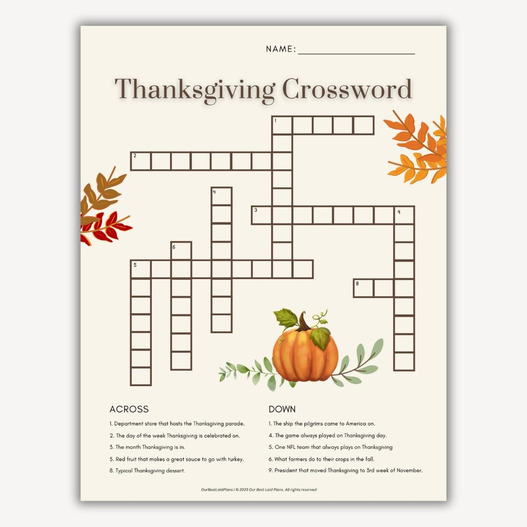 Thanksgiving Crossword Puzzle, Thanksgiving Crossword Printable inside Thanksgiving Crosswords Printable