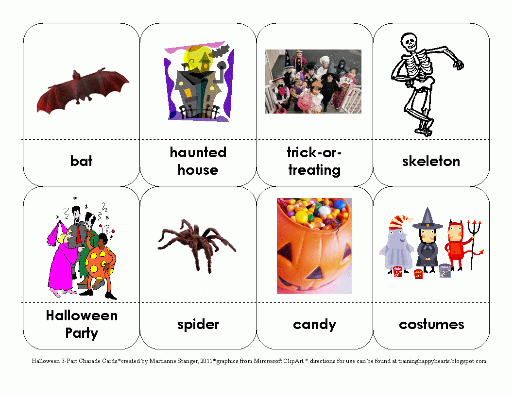 Training Happy Hearts: Halloween 3-Part Charades Cards Free Printable pertaining to Free Printable Charades Cards With Pictures