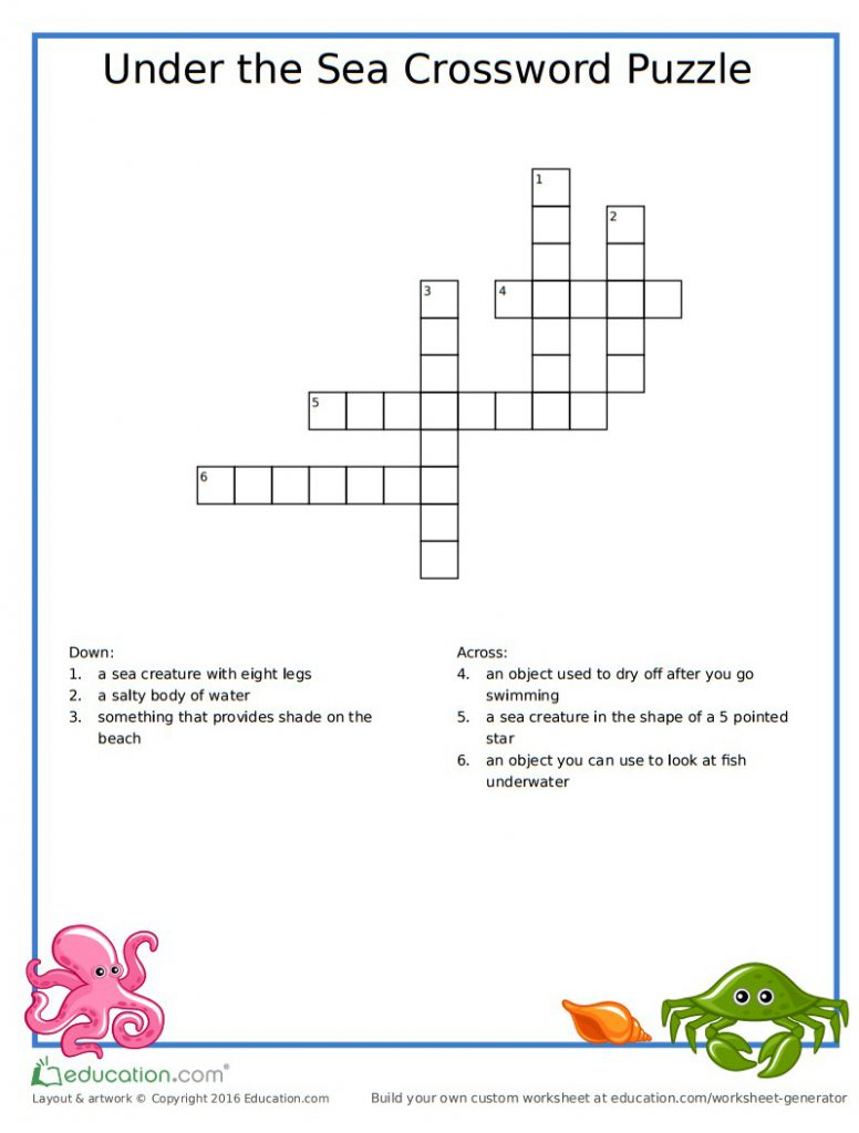 Under The Sea Printable Crossword Puzzle inside Free Printable Crossword Puzzles For Kids