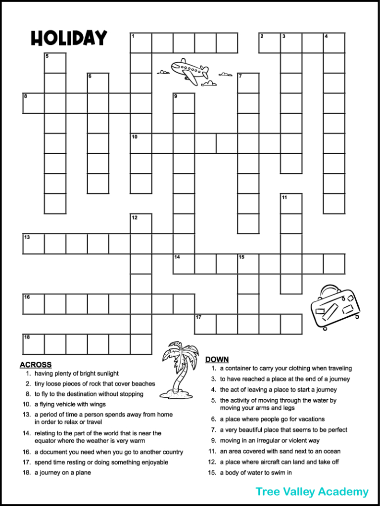 Vacation Crossword Puzzles - Tree Valley Academy within Holiday Crossword Puzzles Printable