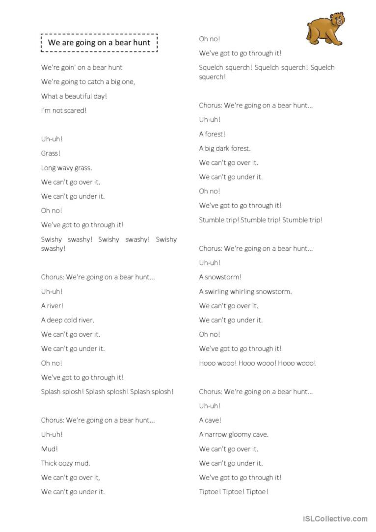 We Are On A Bear Hunt Lyrics Song An…: English Esl Worksheets Pdf regarding Going On A Bear Hunt Printable Lyrics