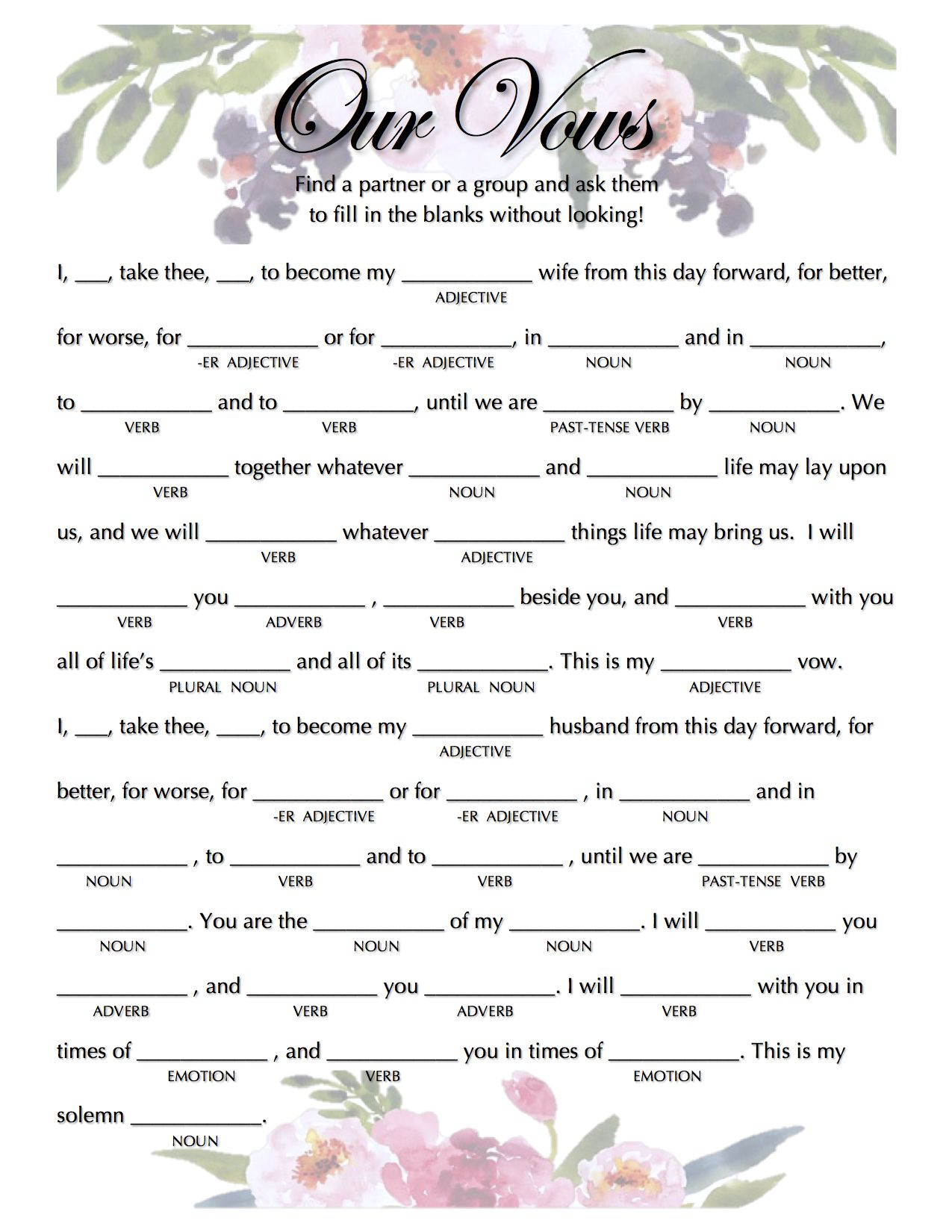 Wedding Vow Mad Libs within Wedding Vows Mad Libs Free Printable