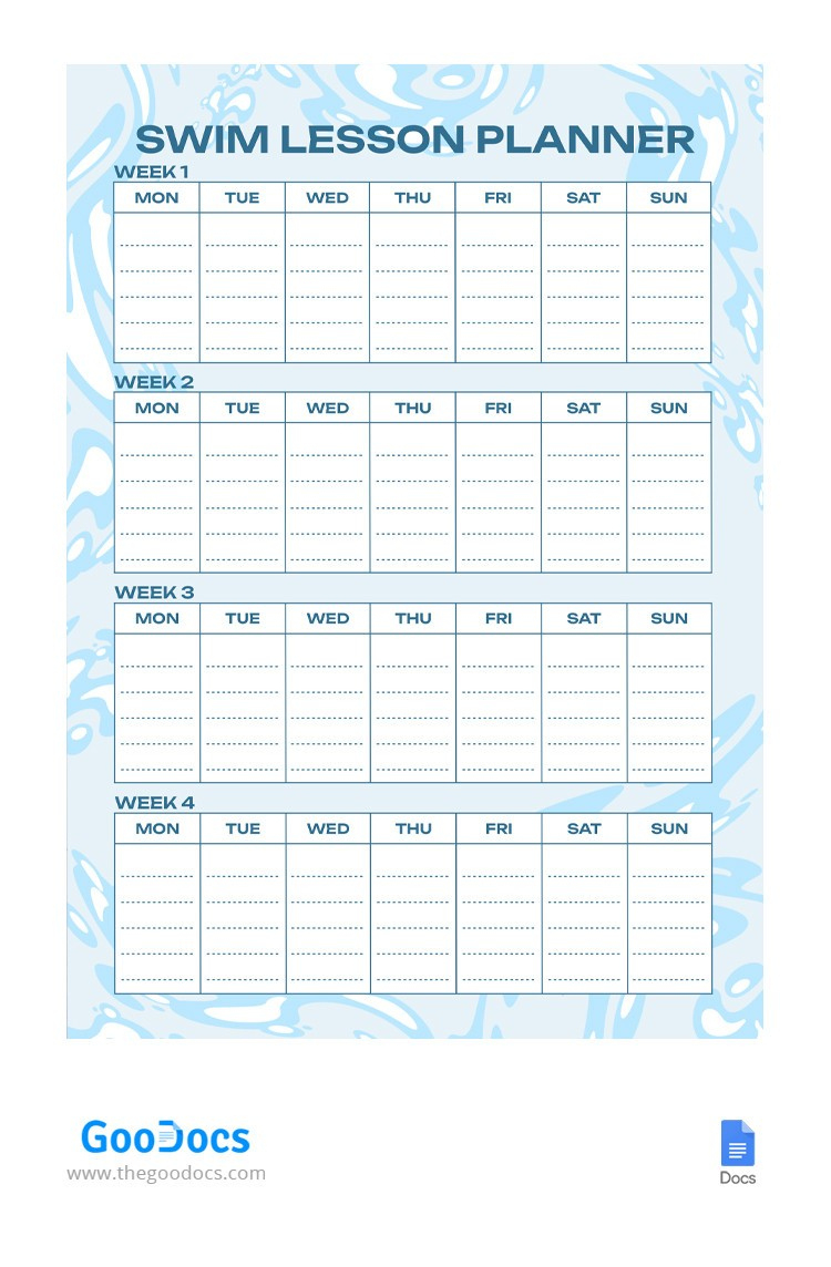 Weekly Swim Lesson Planner Template | Thegoodocs with regard to Printable Swimming Lesson Plan Template