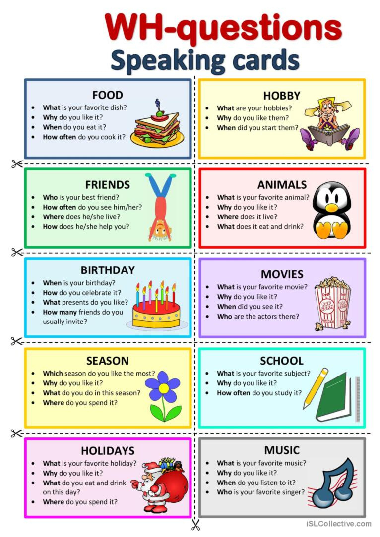Wh-Questions Speaking Cards Discussi…: English Esl Worksheets Pdf within English Speaking Worksheets With Answers