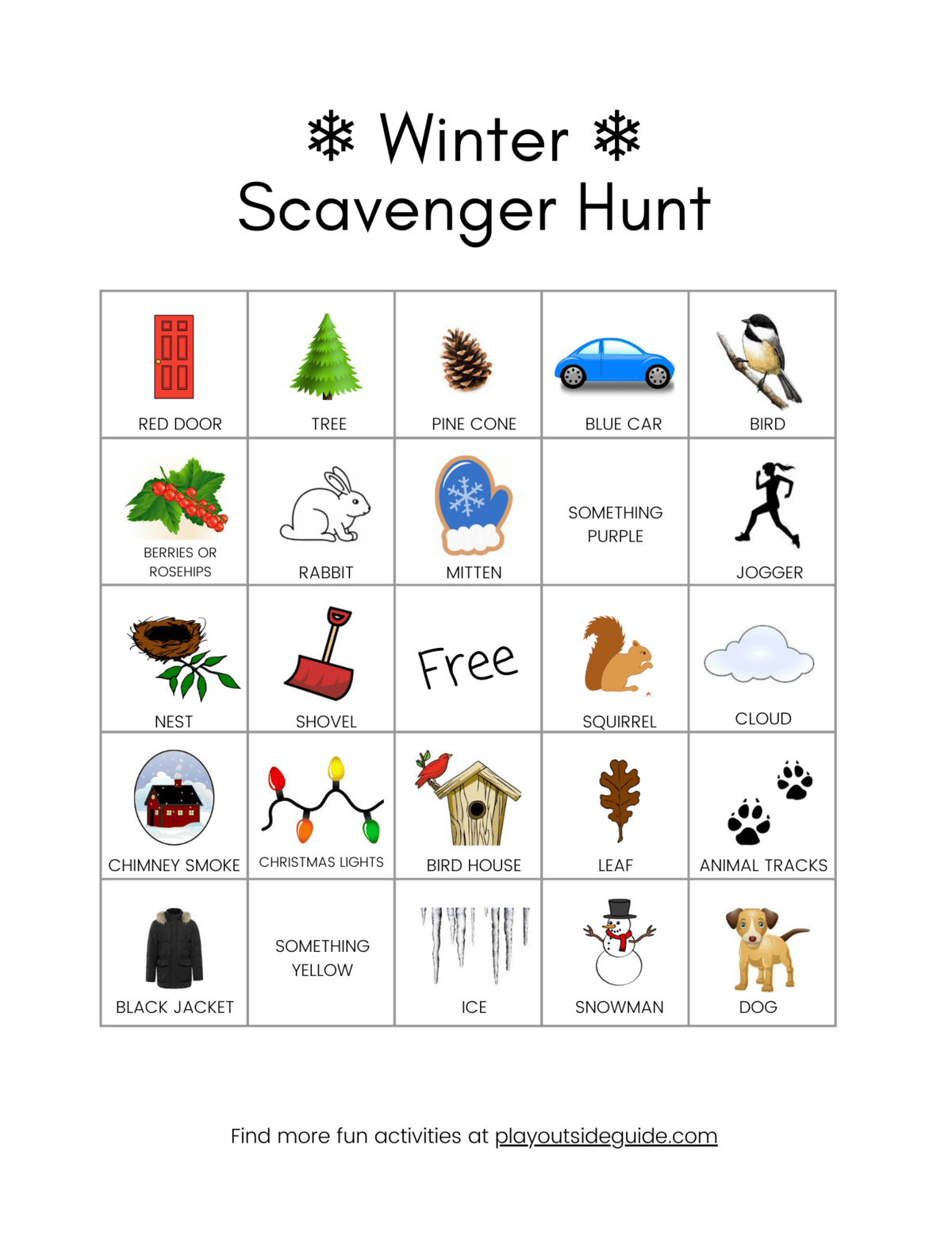 Winter Scavenger Hunt - Play Outside Guide inside Free Printable Winter Scavenger Hunt