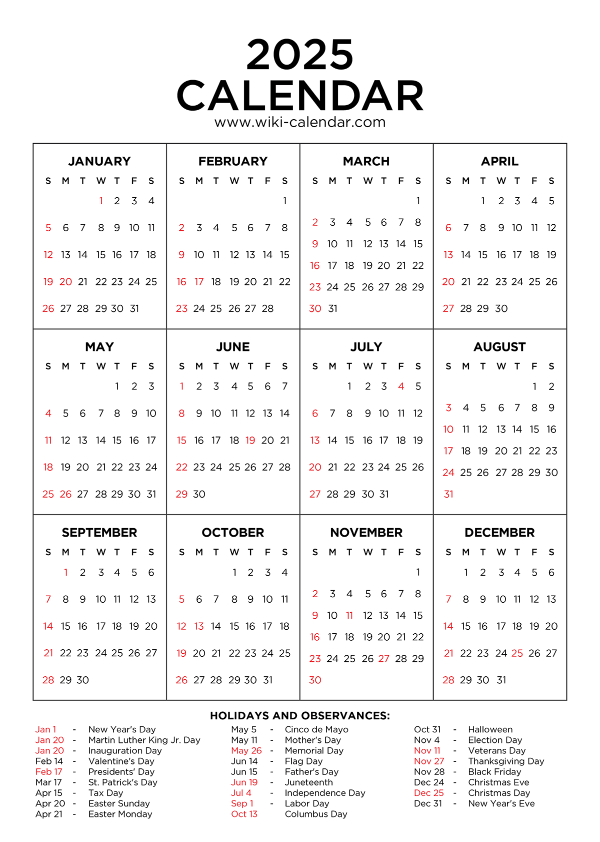 Year 2025 Calendar Printable With Holidays - Wiki Calendar in Free Printable 2025 Calendar With Federal Holidays